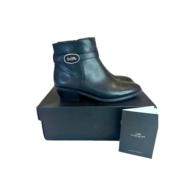 Coach Women's Black Leather Ankle Booties Size 8 Monogram Pull Tab - Picture 1 of 7